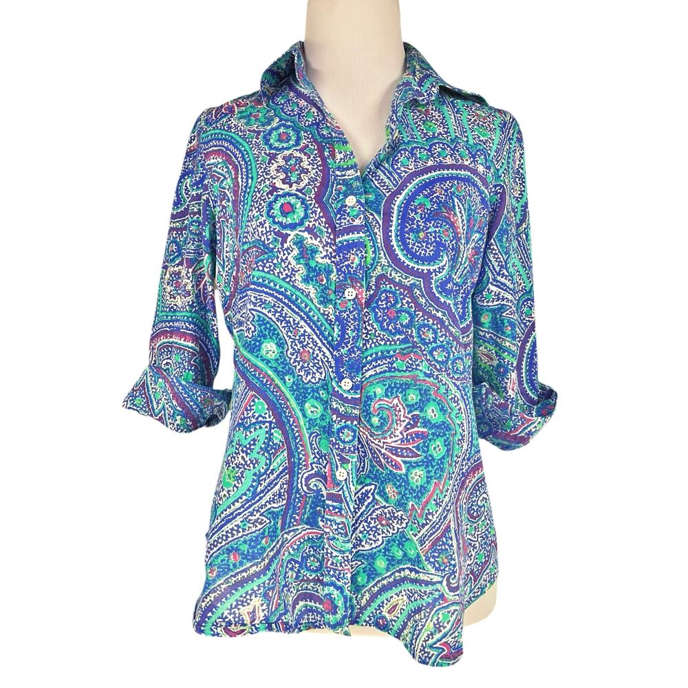 LAUREN RALPH LAUREN Petite S Lightweight Cotton Button-Up Top Blue/Green Paisley